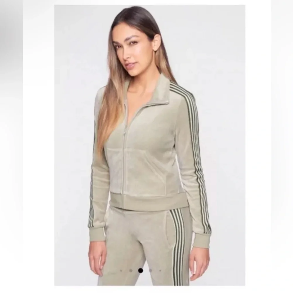 Pam & Gela Velour Tracksuit Beige Green Stripe Jacket Pants Set P XS